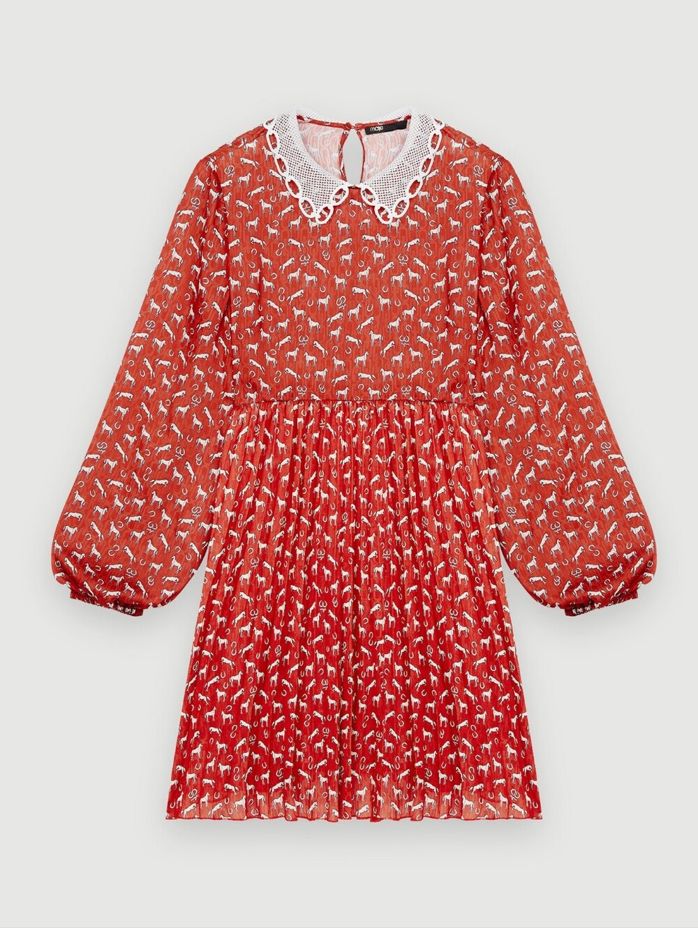 Maje Raina Red Printed Pleated Dress with White Lace Collar Sz 38 NWT